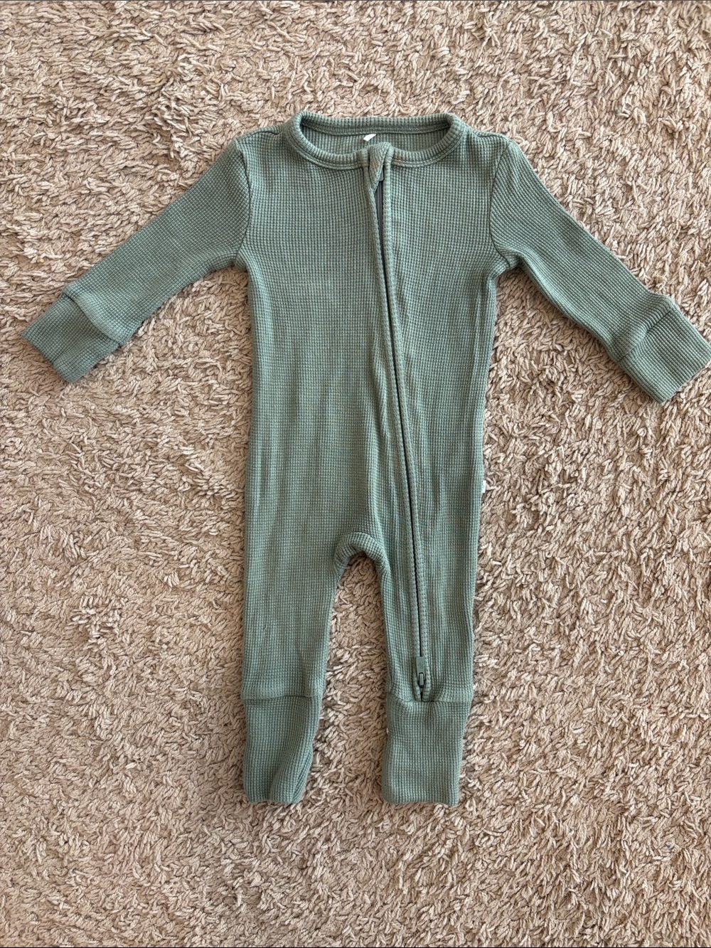 Posh Peanut Sage Waffle-Knit Zippered One-Piece Bodysuit. Size 3-6 mos. BNWOT.